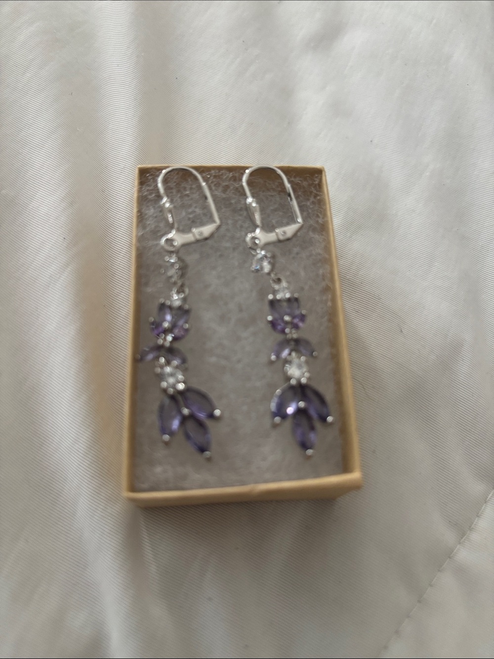 Silver Drop Earrings with Purple Gem Accents